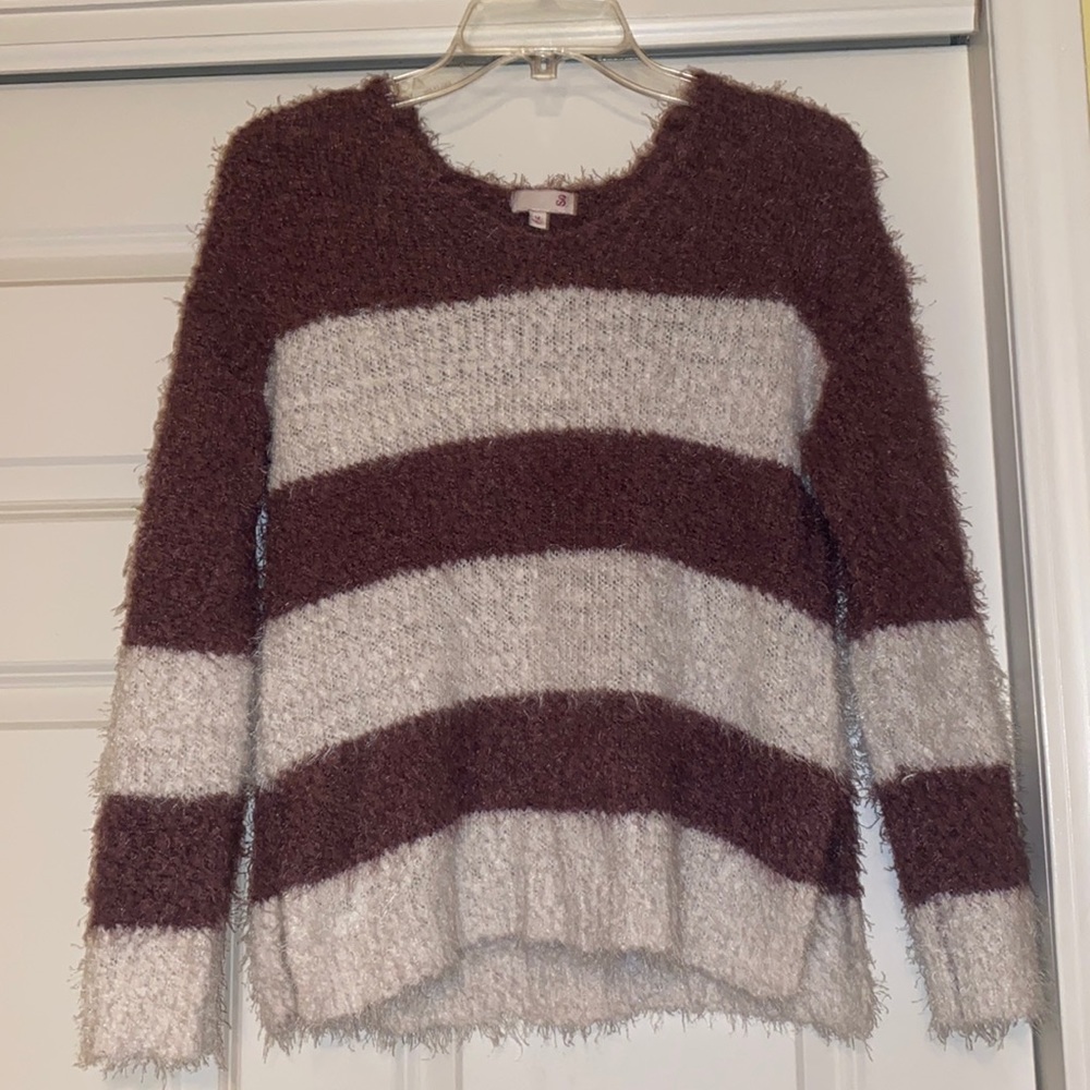 SO brand medium purple/ mauve and white striped fuzzy sweater